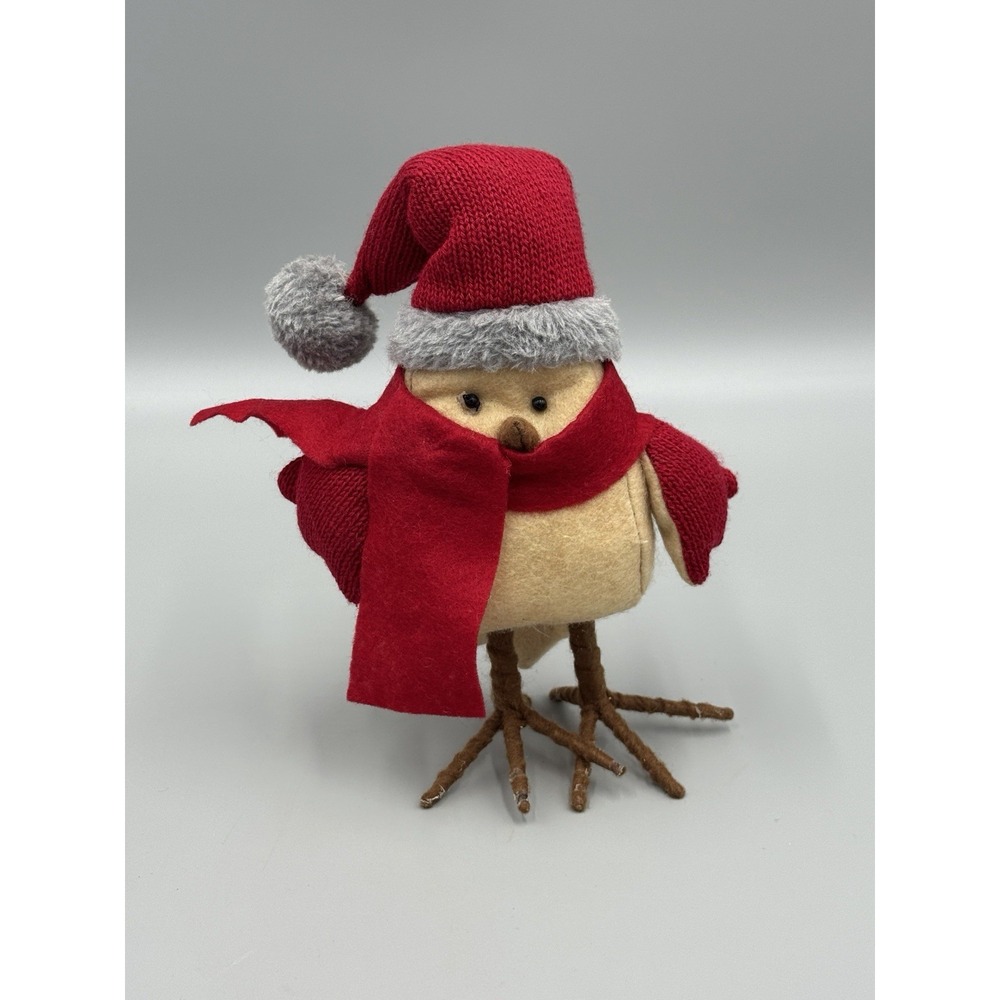 Holiday Bird In Christmas Santa Hat Cap Scarf 7 Inch Figurine Standing